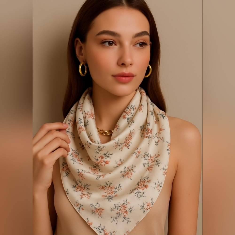 Women's Scarf Cream Red Floral Spring Scarf 27"/27" Square Polyester
